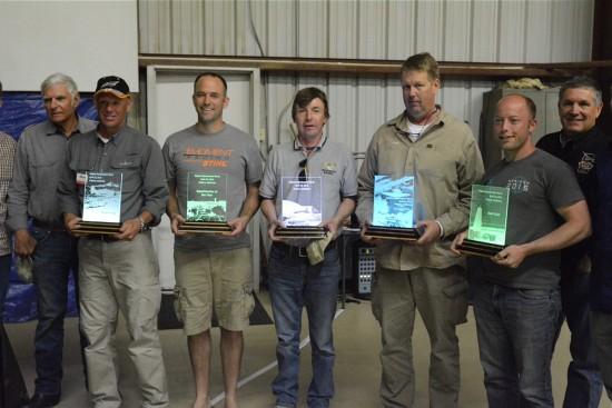 Mojave award winners received novel illuminated trophies. From left: Dick Rutan, Kevin Eldridge, Andrew Findlay, Rian Johnson, Tom Siegler, Joe Coraggio and speaker James Brown.